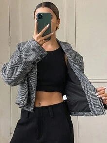 DAZY 女士人字纹面料短翻领修身都市休闲西装外套商务装 - 黑色 - 查看 4