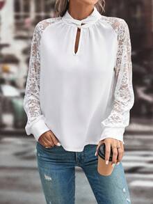 EMERY ROSE Women's Solid Color Stand Collar Raglan Sleeve Elegant Lace Blouse - White - View 3