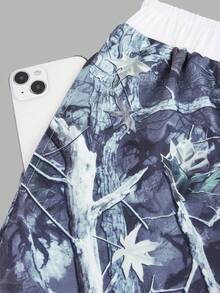 SHEIN Girlism Tween 女童休闲运动街头时尚迷彩与树叶印花撞色腰带宽松阔腿运动裤 - 橄欖綠 - 查看 3