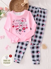 Tween Girls Slogan Plaid Pattern Long Sleeve Leggings Pajama Set - Multicolor - View 1