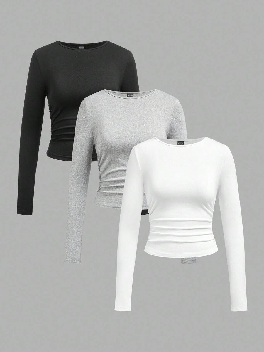 SHEIN EZwear Set de 3 camisetas de manga larga con cuello redondo y fruncido de unicolor casual para mujer, otoño/invierno