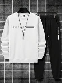 Manfinity Homme Bộ 2 quần áo nỉ cổ tròn tay raglan thường ngày cho nam, trang phục tập gym, trang phục chạy bộ cho nam, quần nỉ thiết kế, trang phục dành cho nam, 2 bộ trang phục thường ngày, quần chạy bộ xếp chồng cho nam, trang phục mùa thu - Đen và trắng - Xem 3