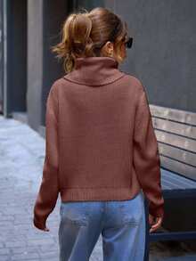 SHEIN Cottnline Casual Turtle Neck Plain Crop Sweater - Dusty Pink - View 2