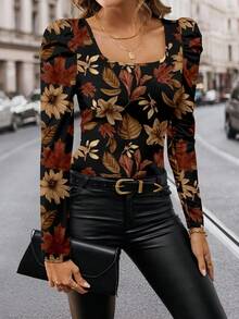 SHEIN Clasi 女士秋冬长袖方领T恤，休闲乡村落叶印花 - 彩色 - 查看 5