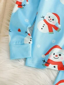 2pcs Young Boy Blue Base Red Christmas Snowman Print Long Sleeve Snug Fit Pajama Set Little Boys Glow In The Dark Pjs Kids Christmas Pjs Glow In The Dark Pajamas Kids Christmas Pajamas