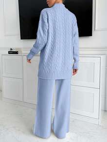 EURMUSE Women High Neck Sweater And Maxi Sweater Skirt 2 Two Pieces Set Co-Ords - Baby Blue - View 2