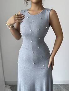 SHEIN Elenzya Women's New Gray Elastic Knit Round Neck Sleeveless Waist Cinched A-Line Fish Tail Hem Fitted Maxi Dress With Handcrafted Pearl Detail, Elegant Casual Versatile Everyday Wear, Minimalist Commute Fashion, Autumn/Winter - Grey - View 8