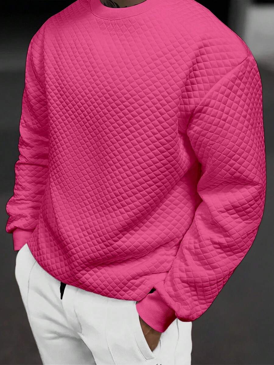 Manfinity Homme 男士休闲日常通勤纯色华夫格针织长袖绗缝纹理套头卫衣，秋季粉色长袖男士粉色卫衣 - 玫紅色 - 查看 1