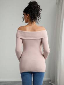 SHEIN Elegant Maternity Foldover Off Shoulder Sweater, Simple Solid Color 3D Floral Design, Suitable For Spring And Autumn - Apricot - View 2