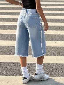 Muchica Quần short denim rách màu xanh nhạt dành cho nữ, có đai thắt lưng - Rửa nhẹ - Xem 3