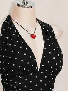 SHEIN ICON 大码女式复古波尔卡圆点V领荷叶边迷你连衣裙 - 黑與白 - 查看 6