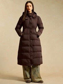 Easelle 棕色连帽长袖拉链休闲长款冬季女式夹克 - 棕色 - 查看 4