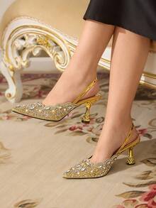 CUCCOO TILAWA Giày cao gót mũi nhọn đính kim tuyến thời trang nữ có quai ở mắt cá chân, mùa xuân/thu - Vàng - Xem 4