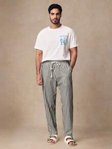 HIMLAND Men Casual Woven Vertical Striped Mid-Waist Drawstring Tapered Pants, Fall
