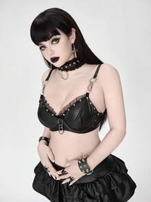 ROMWE Grunge Punk Fashionable Sexy Dark Punk Studded PU Underwire Bra
