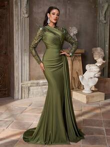 Aureia 优雅奢华灰绿色亮片刺绣拼布弹力针织立领长袖透明褶饰鱼尾裙荷叶边女式正式晚礼服 - 草綠色 - 查看 7