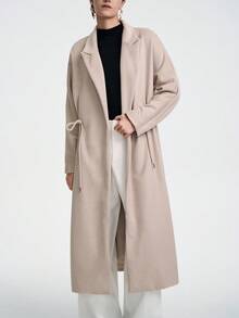 SHEIN LUNE Áo khoác dài tay dài bằng len pha ve áo trễ vai, thắt nơ, eo rút, cổ bẻ cho nữ, trang phục công sở thường ngày, đi làm, phong cách đường phố cổ điển thanh lịch, thời trang mùa đông đa năng, lễ Tạ ơn, tiệc tùng, trở lại trường, thu/đông - Màu Khaki - Xem 4