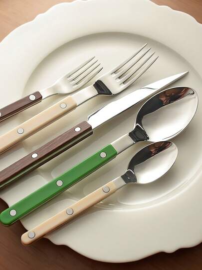 Joivida 北欧简约法式彩色手柄304不锈钢家用刀叉勺 - 餐厅级西式餐具套装，包括牛排刀、叉、家用叉勺。