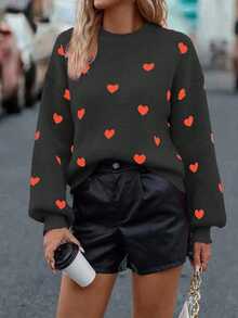 EMERY ROSE Suéter holgado de manga larga con estampado de corazón, casual para mujer, otoño/invierno - Negro - Ver 5