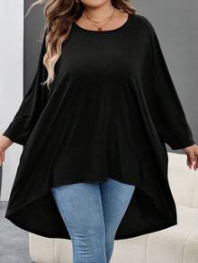 SHEIN CURVE+ Camiseta holgada de manga de murciélago con bajo asimétrico, cuello redondo, unicolor, elástica, suave, cómoda, versátil, de moda, ropa de uso diario para mujer, otoño/invierno, tallas grandes - Negro - Ver 3