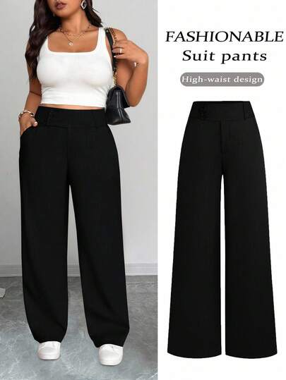 SHEIN PETITE CURVE Plusstorlek Enfärgade Fickor Casual Mångsidiga Vida Benbyxor