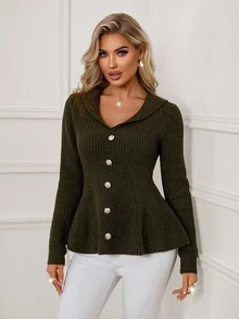 Xyvia Women's Elegant Fitted Classic Textured Front Metal Button Design Solid Color Long Sleeve Sweater, Autumn/Winter - Army Green - View 4