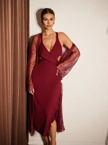 Slumberist 性感优雅交叉荷叶边睡袍和蕾丝睡袍女士睡衣套装 - 酒紅色 - 查看 3