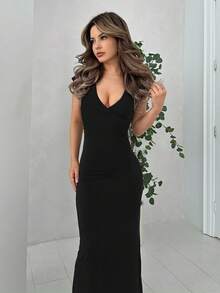 Jemour Đầm Maxi Ôm Body Cổ Chữ V Sâu Phong Cách Mới Thanh Lịch & Gợi Cảm Cho Nữ, Thiết Kế Tay Phồng & Thắt Eo, Thích Hợp Cho Lễ Hội/Ngày Lễ Tình Nhân - màu đen - Xem 6
