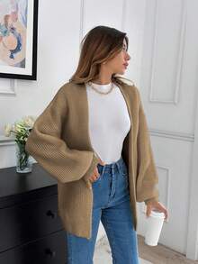 EURMUSE 休闲简约纯色灯笼袖落肩宽松开衫，秋冬 - 駝色 - 查看 4