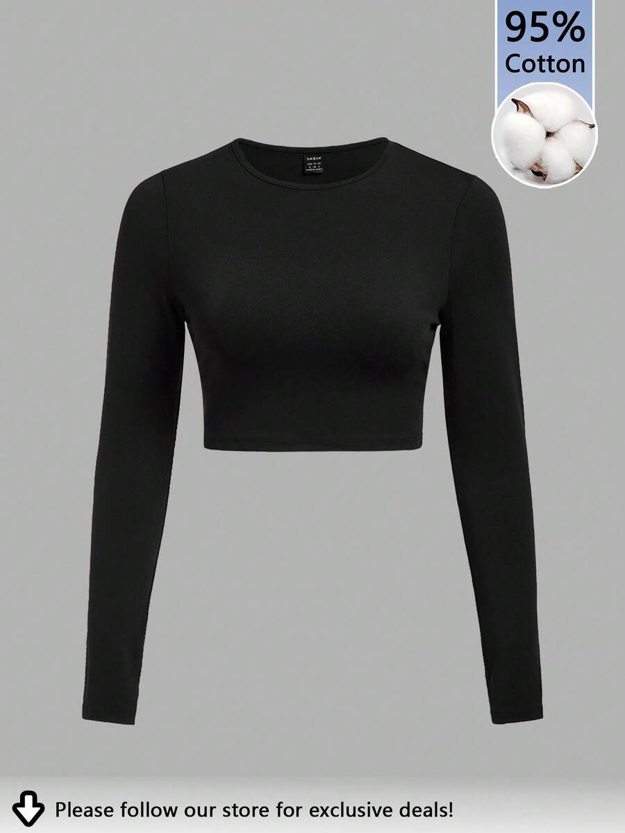 Tseoso 黑色圆领短款 T 恤秋冬款，95% 纯棉，性感，优雅，老款，新款，休闲修身女装，复古，柔美，居家，返校，秋季女装，百搭， - 黑色 - 查看 1