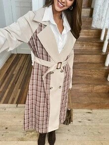 Abrigo de trinchera casual de mujer LanaWest con estilo occidental, cordones y hebilla, en diseño de patchwork a cuadros - Caqui - Ver 8