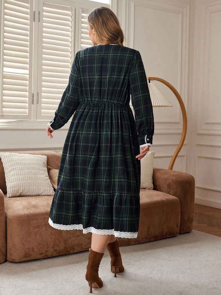 Plus Size Women Casual Loose Pocket Plaid Long Sleeve Dress, Elegant Dresses For Women, Dresses For Women Long Sleeve, Dresses For Women Casual, Autumn/Winter,2025 New,