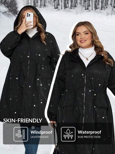 SHEIN CURVE+ 大码/校园风服装/返校服/返校大码女装带里衬加厚款，黑色束腰长款风衣，秋冬款