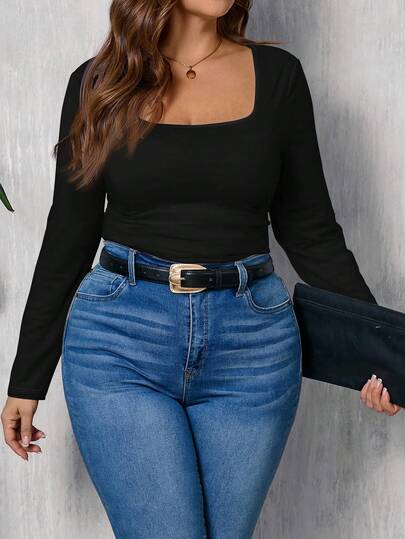 EMERY ROSE Plus Size Women Black Solid Color Crew Neck Long Sleeve T-Shirt, Casual Minimalist Style, Spring/Autumn, Concert, Teacher Back To School Night, Going Out Long Sleeve Black Top Fall Tops Women Black Scoop Neck Top Cute Black Top