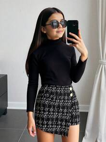 Firerie Kids Casual Commuter Round Neck Black Bodysuit & Plaid Mini Skirt Set, Suitable For Christmas And Halloween, Autumn/Winter