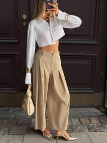 Siren Gaze Elegant Luxury Women's Autumn Fall Clothes For Women Winter Clothes 2025 New High Waist Pleated Wide Leg Pants, Old Money Style Khaki Beige Trousers, Casual Elegant Work Office Business Casual Daily Outing Party Wedding Guest Must - Have Fashion Staple Brown - Khaki - View 5