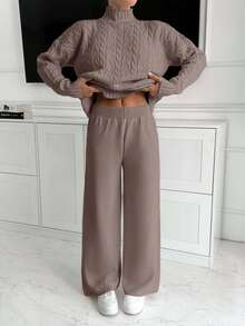 EURMUSE Women High Neck Sweater And Maxi Sweater Skirt 2 Two Pieces Set Co-Ords - Mocha Brown - View 5