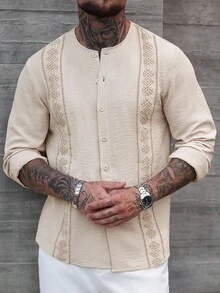 Manfinity CasualCool Men's Crinkle Fabric Printed Round Neck Long Sleeve Shirt, Casual Vacation Home Gathering Office Party Versatile Style, Best Gift For Boyfriend Or Husband, Fall