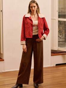lacRébo Faux Suedette Jacket With Contrast Sherpa Collar And Cuffs Spring Women Spring Red Jacket Premium Jacket New Year Red Button Up - Burgundy - View 3