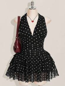 SHEIN ICON 大码女式复古波尔卡圆点V领荷叶边迷你连衣裙 - 黑與白 - 查看 1