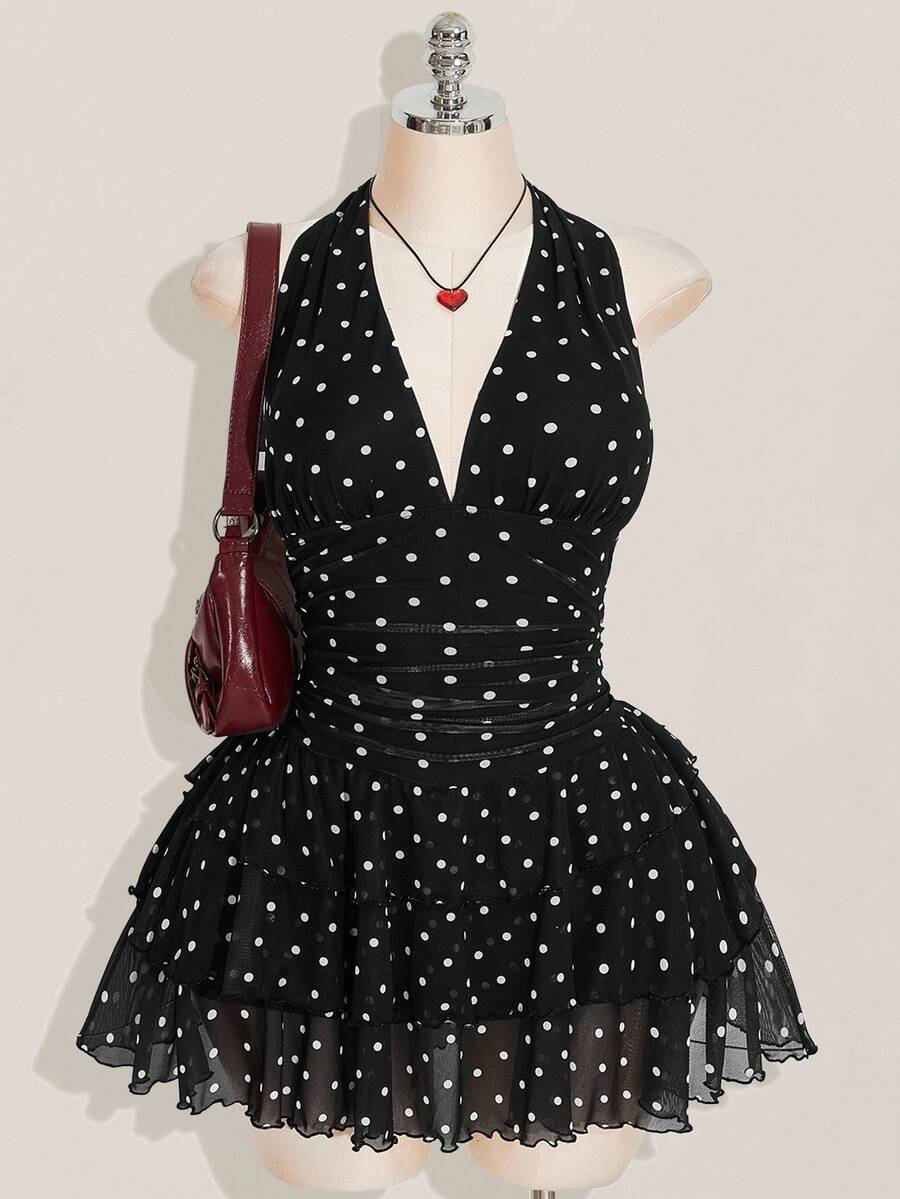 SHEIN ICON 大码女式复古波尔卡圆点V领荷叶边迷你连衣裙 - 黑與白 - 查看 1