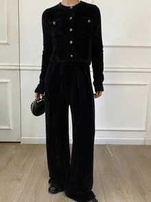 DAZY 2pcs Women's Cardigan Sweater Set With Front Button Long Sleeve Top And Pants