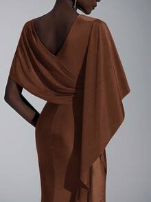 Elitara Elegant Luxurious Navy Blue Satin Ruffle Sleeve Sexy Slit Fishtail Bridesmaid Dress - Brown - View 2