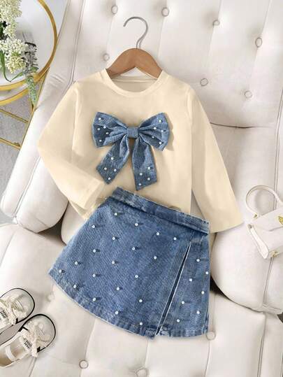 Elladie kids Girls' Casual Fashion Daily Street Crew Neck Long Sleeve Bow & Pearl Design T-Shirt With High Waist Short Denim Skort, Back To School Outfit, All Season