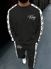 Manfinity Homme 男士休闲星星图案撞色套头衫和裤子套装，秋季服装 - 彩色 - 查看 1