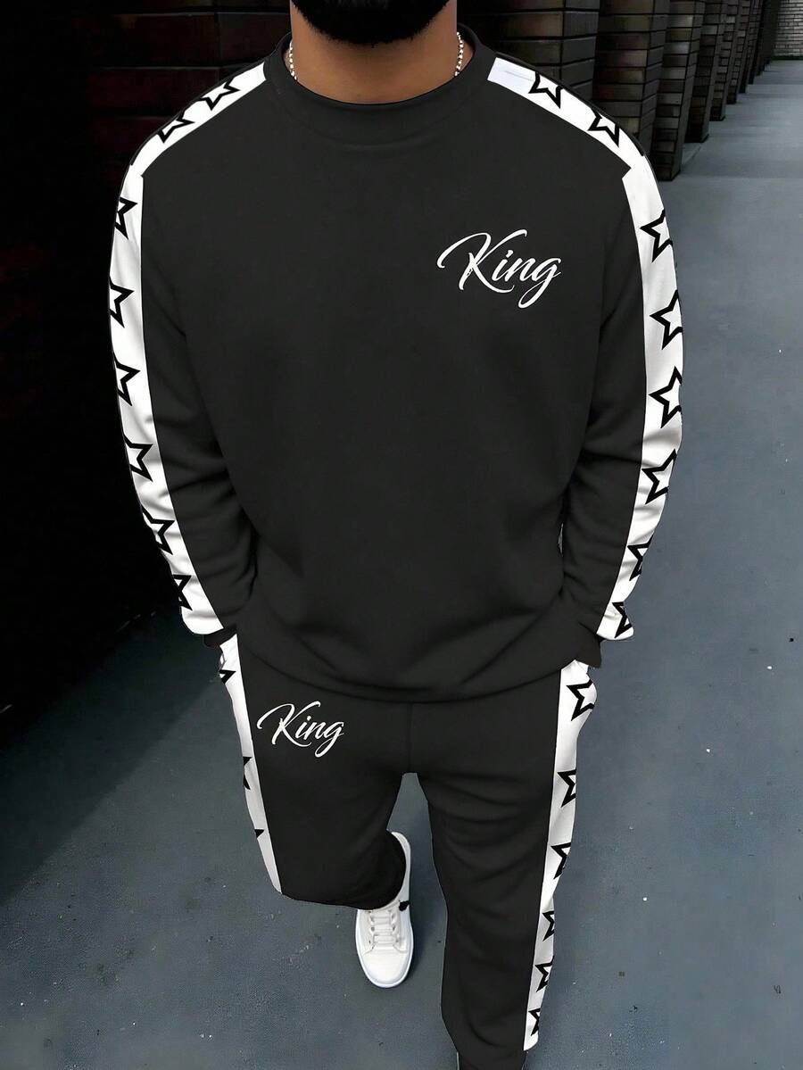 Manfinity Homme 男士休闲星星图案撞色套头衫和裤子套装，秋季服装 - 彩色 - 查看 1