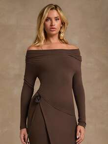Glamine 2pcs/Set Elegant Party 3D Floral Decor Off Shoulder Top And Skirt - Mocha Brown - View 7