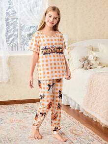 女童卡通印花圆领短袖睡衣套装，万圣节 - 彩色 - 查看 3