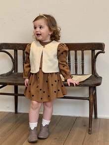 Toddler Girls' Solid Color Fluffy Jacket And Polka Dot Casual Dress Set, With Convenient Button Front And Cuff Design, Fashionable Appearance, Suitable For Spring And Autumn, Suitable For Toddlers, Solid Color, Long Sleeve, Fluffy, Elastic Waist, Suitable For Outdoor, Please Select According To Our Size Chart - Multicolor - View 1