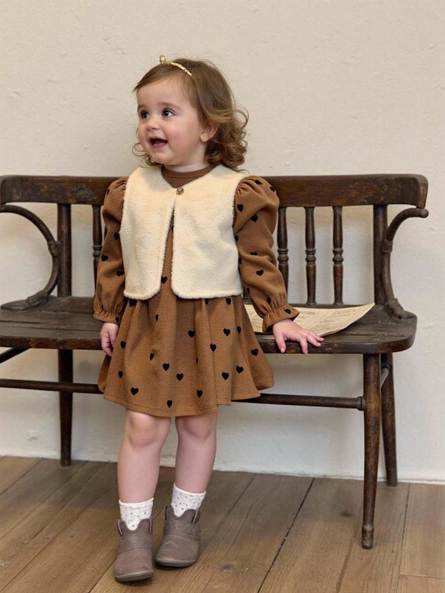 Toddler Girls' Solid Color Fluffy Jacket And Polka Dot Casual Dress Set, With Convenient Button Front And Cuff Design, Fashionable Appearance, Suitable For Spring And Autumn, Suitable For Toddlers, Solid Color, Long Sleeve, Fluffy, Elastic Waist, Suitable For Outdoor, Please Select According To Our Size Chart - Multicolor - View 1